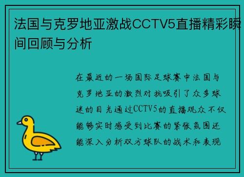 法国与克罗地亚激战CCTV5直播精彩瞬间回顾与分析
